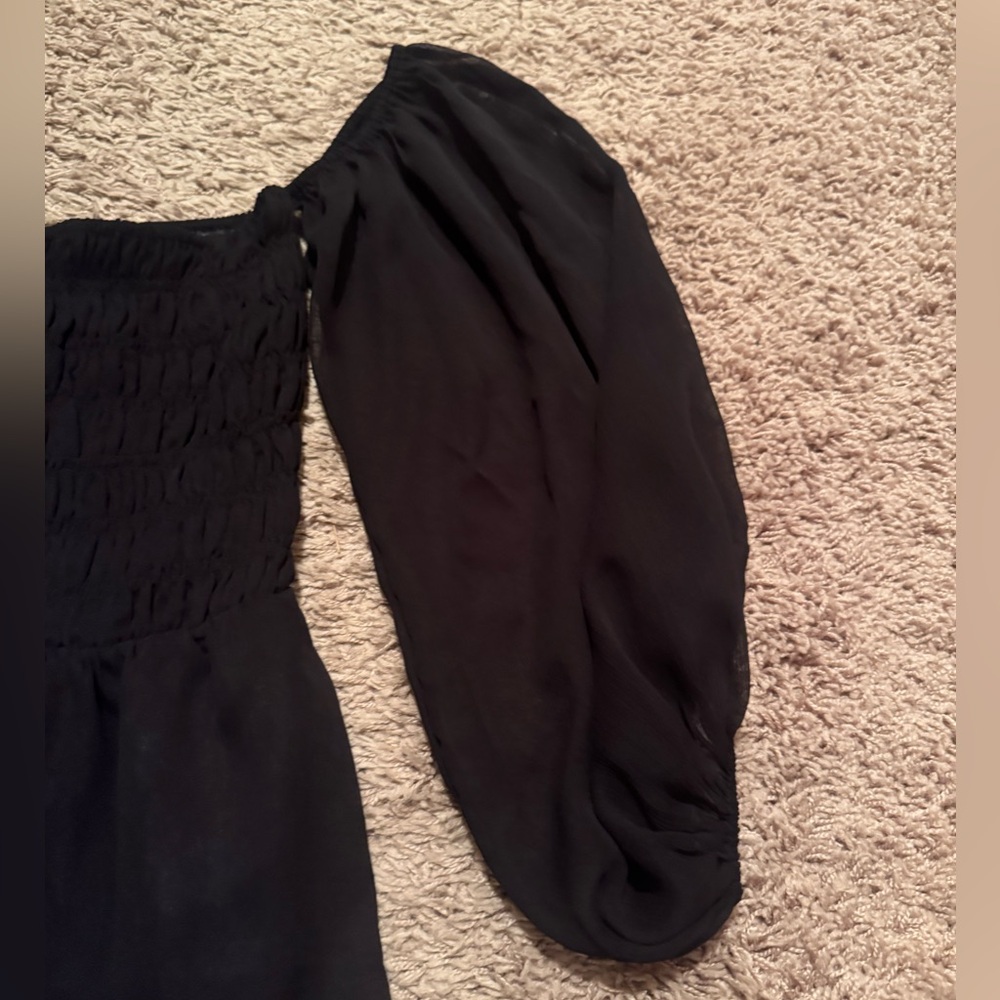Express Sz Small Black Off or On Chifon Shoulder Mini Dress w/ rouching, ruffles - Picture 5 of 10